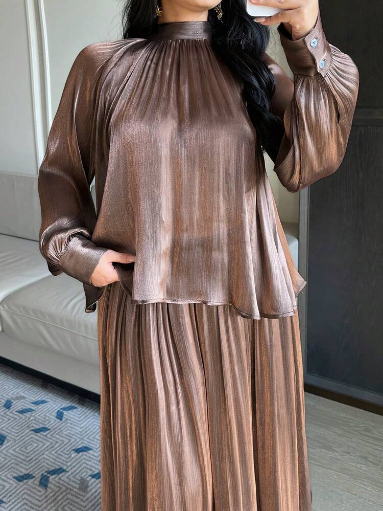 Dazy Plus Elegant Plus Size Women's 2-Piece Set: Chiffon Tie-Neck Loose Long Sleeve Top And A-Line Long Skirt, Textured Fabric, Commuter Style, Spring/Summer