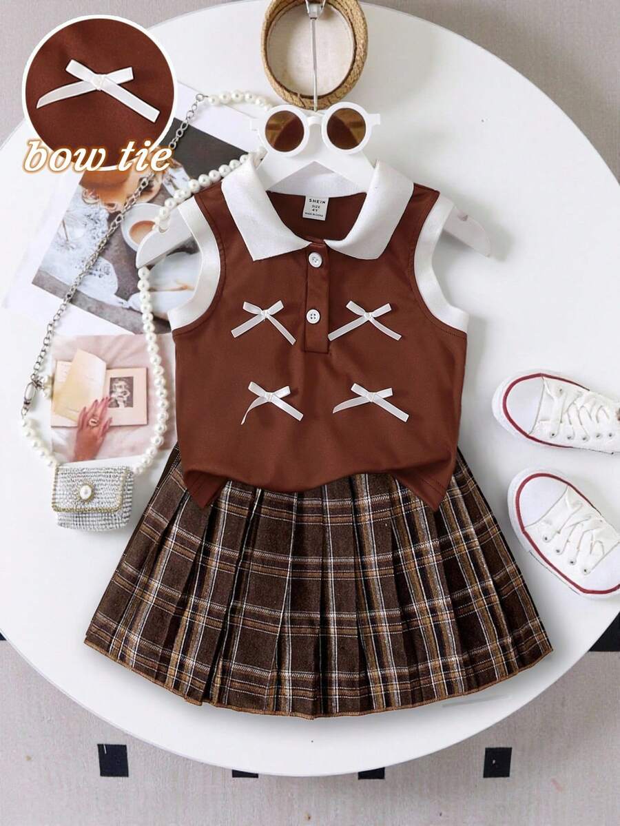 女童春夏polo衫套装，白色纯色罗纹针织背心搭配棕色梭织百褶裙两件套，学院风，可爱休闲，适合上学、郊游、聚会、度假等场合。 - 棕色 - 查看 1