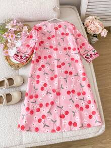 SHEIN Đầm dài tay cổ tròn in hình hoa anh đào cho bé gái - Hồng - Xem 7
