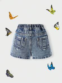SHEIN Young Girls 2026 Spring Summer New Dark Blue Washed Retro Asymmetric Patchwork Denim Short Skort, Fashion Distressed Frayed Ripped Mini Jean Skirt - Dark Wash - View 2