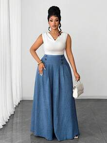 Maweii Plus Size Women's Solid Color Casual Woven Wide Leg Pants - Blue - View 6