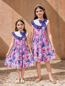 SHEIN Tween Girl Bow Decor Floral Pattern Cute Dress - Blue - View 6