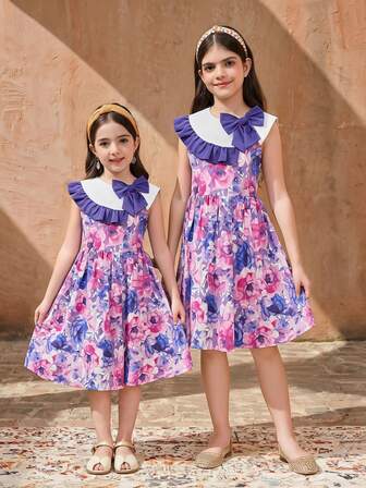 SHEIN 少女蝴蝶结碎花拼接荷叶边下摆可爱连衣裙