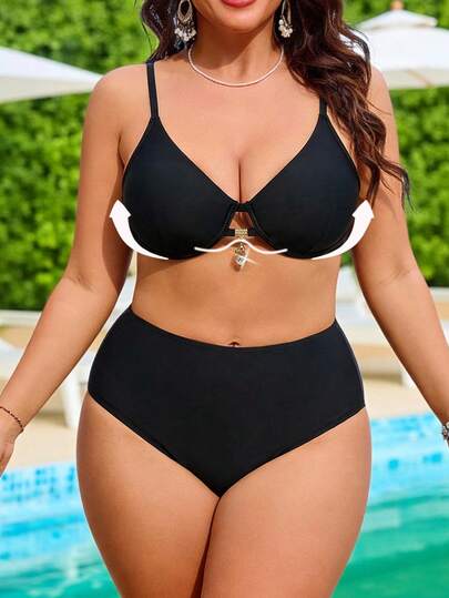 Swim Lushoire New Plus Size Women's Underwire Push-Up Bikini Black Two Pieces Swimwear With Tie