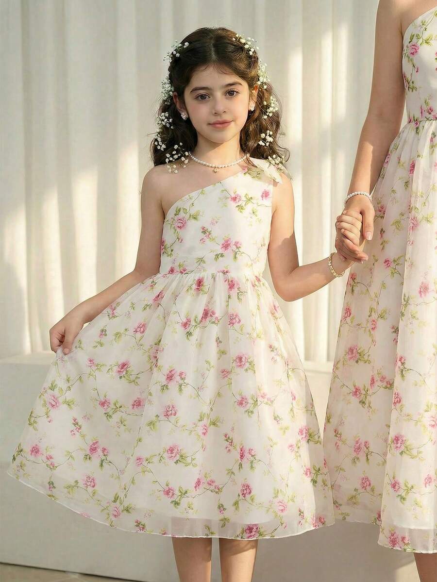 1件少女优雅欧根纱印花吊带可拆卸蝴蝶结装饰拉链连衣裙,公主风,适合日常、派对、度假、婚礼,春夏皆宜 - 杏色 - 查看 1