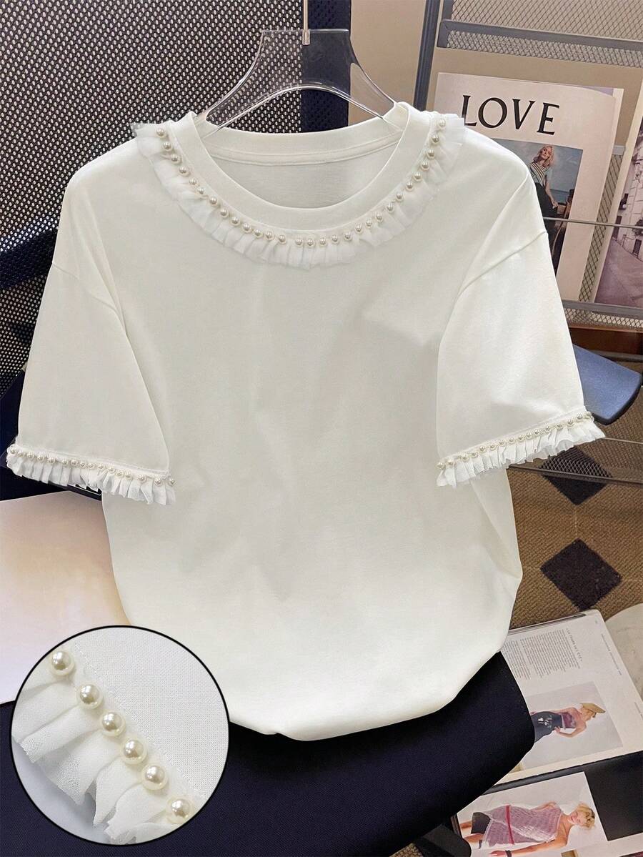 Resyla Lace Trim Studded Casual Round Neck T-Shirt, A Gift For Friends - White - View 1