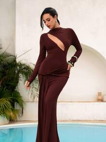 Modelyn Women's New Asymmetric/Asymmetrical Hollow Out Draped Twist Frayed Edge Side Drape Twist Cross Fabric Ruched Decor Knit Dress For Party, Cocktail, Date - Brown - View 4