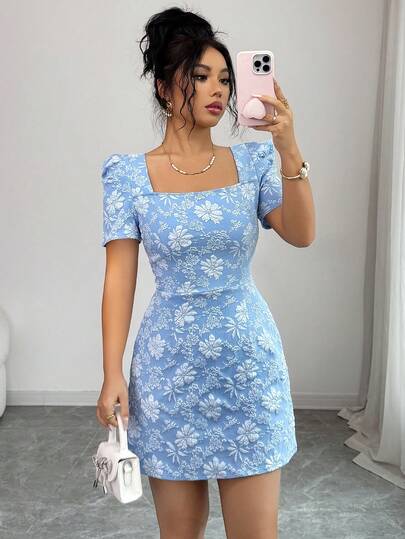 Elenzga Vestido corto de mujer de primavera/verano con cuello cuadrado, mangas abultadas, cintura fruncida y falda en línea A, con estampado floral jacquard tejido en azul. Sofisticado, elegante, retro, minimalista, adecuado para vacaciones, San Valentín, citas, uso diario, ajustado y versátil.