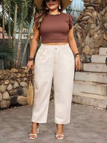 EMERY ROSE Plus Size Solid Color Webbing Waist Casual Pocket Loose Jeans - Apricot - View 4