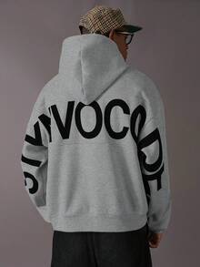 STYNVO 男士休闲字母印花连帽衫，秋冬街头风连帽衫，图案连帽衫，男士灰色连帽衫，男士短款连帽衫 - 灰色 - 查看 6