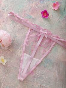 FloralLove 情人节爱心刺绣粉色蝴蝶结低腰浪漫花卉舒适度假浪漫礼物女士丁字裤 - 粉色 - 查看 8