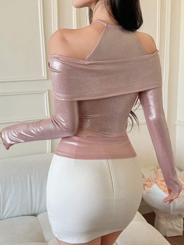 Slim Fit Casual Off-Shoulder Pink T-Shirt For Women, Suitable For Romantic Occasions, Spring/Summer