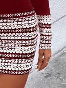 EMERY ROSE Spring/Autumn Black & White Geometric Pattern Patchwork Fitted Casual Dress, Stylish Party Dress - Burgundy - View 3