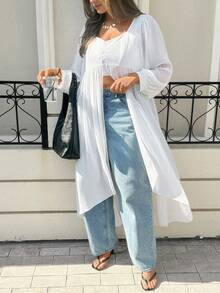 Lounesse 大码女式长款休闲衬衫，百搭白色衬衫，波西米亚风沙滩罩衫 - 米色 - 查看 4