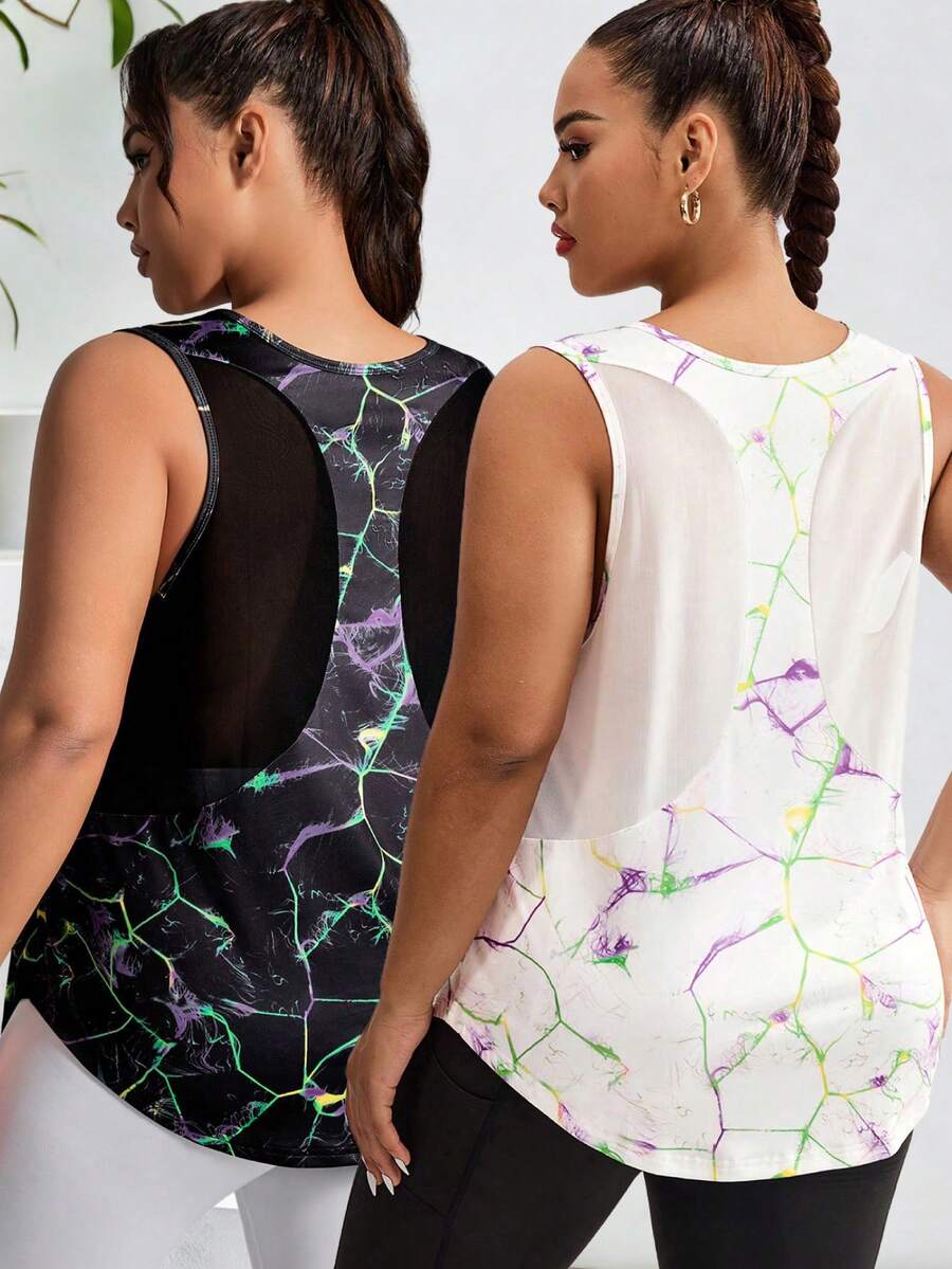 Velisys 2pcs/Set Graphic Print Round Neck Asymmetric Hem Sports Tank Top - Multicolor - View 1