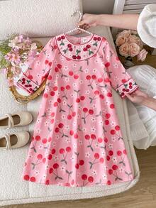SHEIN Đầm dài tay cổ tròn in hình hoa anh đào cho bé gái - Hồng - Xem 5