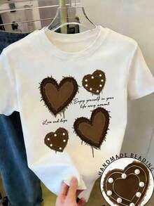 EMERY ROSE Heart Pattern Letter Slogan Pearl Decor Women Round Neck Short Sleeve T-Shirt - White - View 1