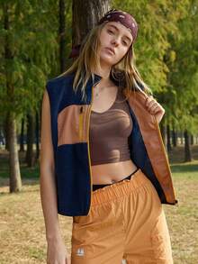 SHEIN In My Nature Women's Color Block Fuzzy Zip Front Pockets Casual Versatile Daily Outdoor Vest Jacket - Blue - View 7