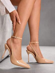 CUCCOO SZL Pointed Toe Stiletto High Heel Black Glossy Fabric Fashion Versatile Sexy Party Ankle Strap Women's High Heel Pumps, Women's Backless Pumps For Christmas Valentine's Day - Mirror deep apricot 95 - View 7