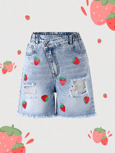 Tween Girls Light Wash Blue Strawberry Print Distressed Denim Shorts, Casual For Summer