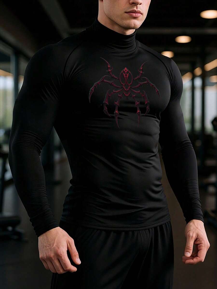Manfinity Sport PWRUP 男士蜘蛛印花立领修身黑色长袖运动T恤