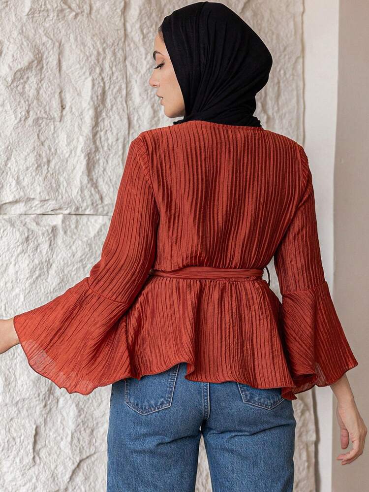 Women's Textured Fabric Belted V-Neck Elegant Bell Sleeve Shirt Summer,Ruffle