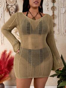 Swim Vcay Sexy New Backless Tie-Up Beach Resort Long Sleeve Pullover Cover Up - Khaki - View 3