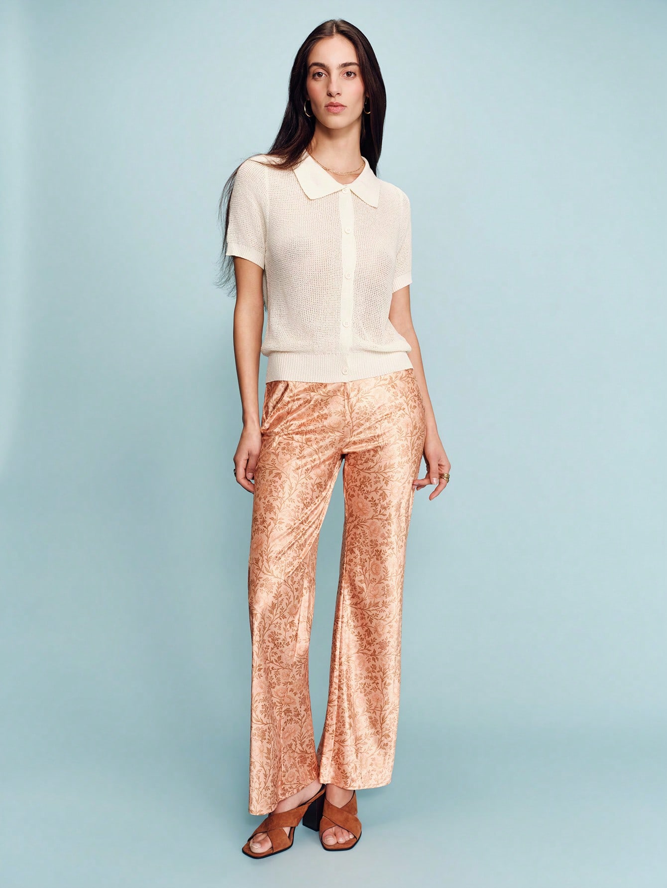 Calça de Estampa Floral em Cetim Fluido Laranja Claro, Estilo Vintage de Primavera e Verão, Estilo Francês, Estilo Parisiense