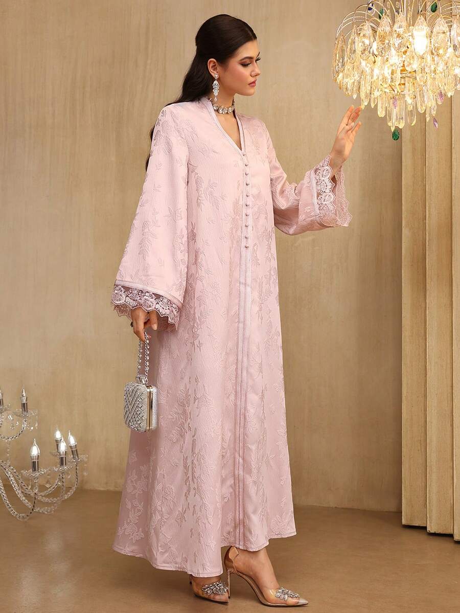 SHEIN Najma Đầm dài tay xòe cổ chữ V thanh lịch với họa tiết ruy băng jacquard và ren phối hợp dành cho nữ. - Hồng - Xem 1
