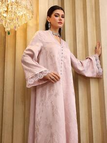SHEIN Najma Đầm dài tay xòe cổ chữ V thanh lịch với họa tiết ruy băng jacquard và ren phối hợp dành cho nữ. - Hồng - Xem 3