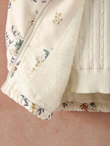 SHEIN 青少年女孩蓬松领拉链连帽全印花保暖内衬冬季夹克