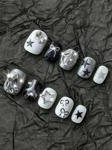 ROMWE Anime 10pcs Cute Bowknot Music Note Star Element High Quality Handmade False Nails + 3pcs Double-Sided Adhesive, Y2K French Style Rhinestone Chain Polka Dot Removable Nail Art Stickers, Suitable For Holidays, Parties, Dancing And Daily Wear - Multicolor - View 1