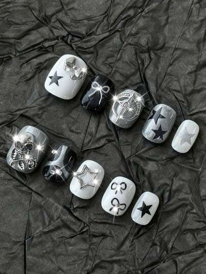 Anime 10pcs Cute Bowknot Music Note Star Element High Quality Handmade False Nails + 3pcs Double-Sided Adhesive, Y2K French Style Rhinestone Chain Polka Dot Removable Nail Art Stickers, Suitable For Holidays, Parties, Dancing And Daily Wear