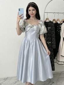 SHEIN 少女时尚优雅撞色短袖连衣裙 - 藍色 - 查看 8