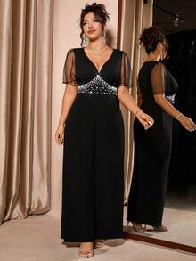 Cravure 大码女式珍珠装饰网纱拼接短袖阔腿优雅连体裤 - 黑色 - 查看 5