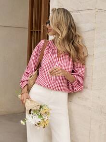 Pariaura Áo sơ mi nữ thanh lịch màu đỏ kẻ caro cổ chữ V tay phồng. Áo kiểu nữ thanh lịch, đa năng, thời trang, phù hợp cho đi làm, ở nhà, dự tiệc, du lịch, dạo phố, năm mới và Giáng sinh. - Đỏ - Xem 4