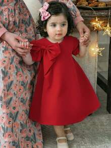 SHEIN Young Girl Woven Solid Color Bow Decor Short Sleeve Elegant Casual T-Shirt Dress, Suitable For Commuting - Red - View 3