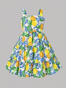 Emery Rose Kids Emery Rose Kids Đầm dự tiệc thường ngày in hình lá chanh cho bé gái - Màu vàng - Xem 5
