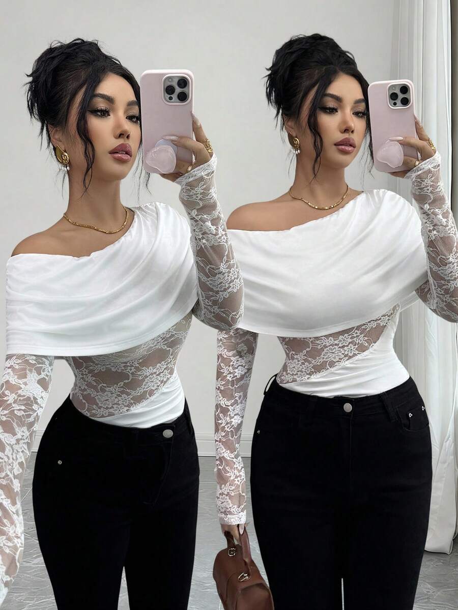 Elenzga Elegant Urban Chic New Women's White Lace Splice One-Shoulder Fitted Short Top, Suitable For Daily Wear, Weddings, Galas, Commuting, Graduation Parties, Holidays, Vacations, Dates, Parties, Halloween, Christmas, New Year, Thanksgiving, Weddings - White - View 1