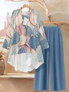 Rusticease 2pcs Women Loose Fit Round Neck Long Sleeve Top And Pants Set, Summer Outfit Spring - Multicolor - View 5