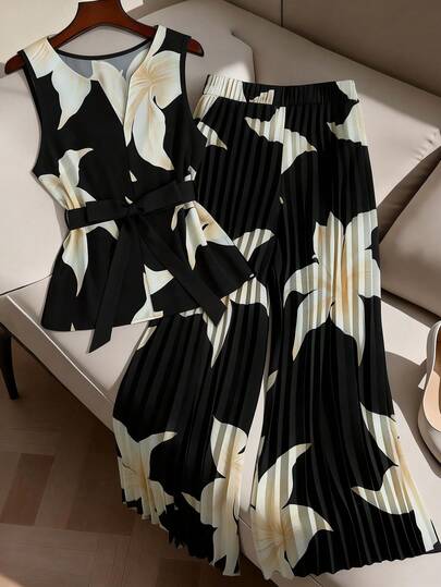 GlowEve CURVE 2pcs/Set Plus Size Women Sleeveless Printed Top And Casual Loose Pleated Wide Leg Pants