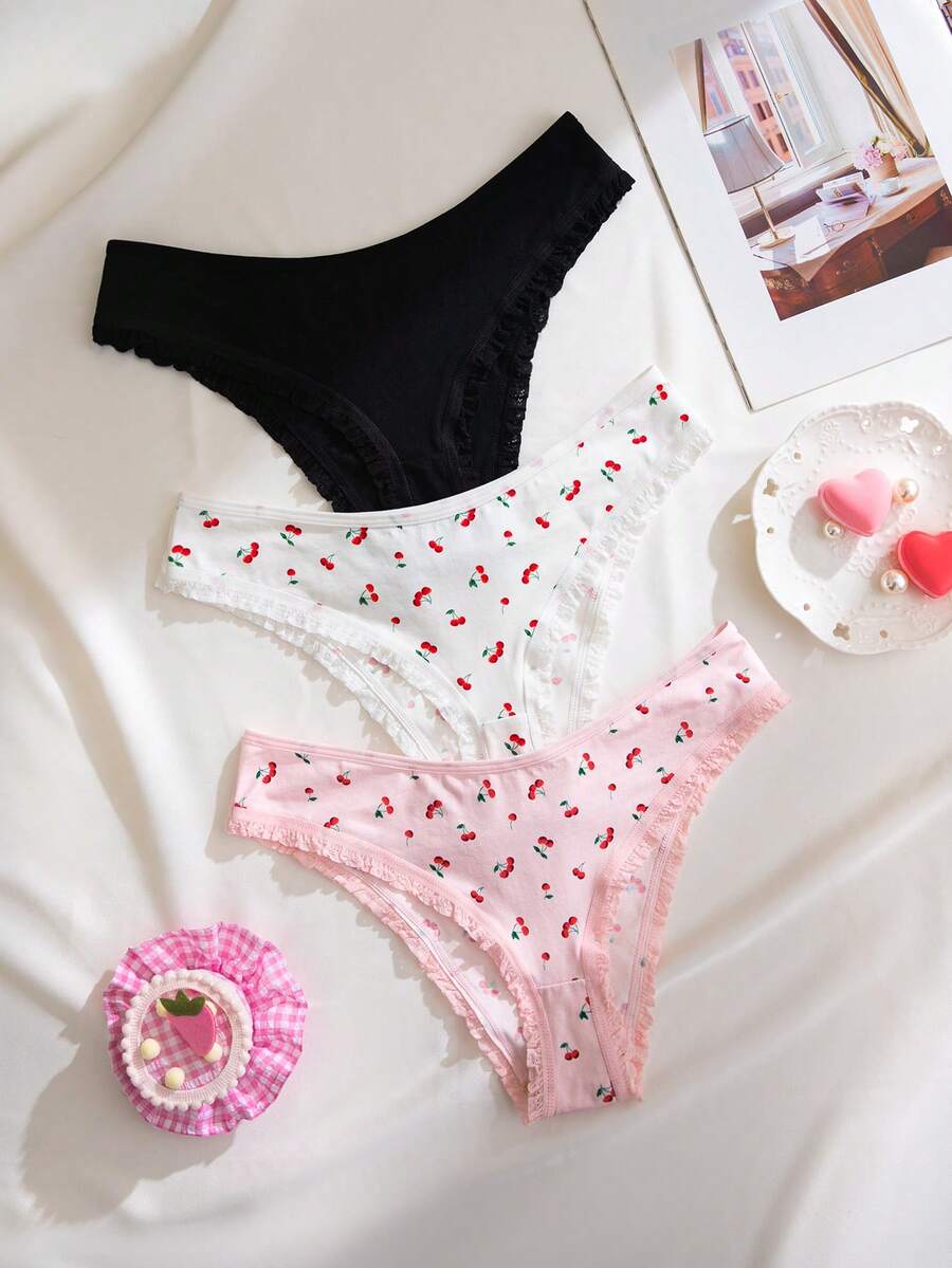 3 piezas/Paquete Bragas de mujer con lindo estampado de cerezas - Multicolor - Ver 1
