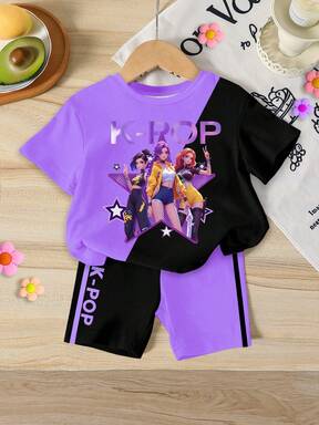 Set de 2 piezas de camiseta de manga corta y pantalones cortos de punto con contraste de color púrpura y negro con estampado de estrella de cinco puntas y diseño de niña de dibujos animados, estilo coreano casual para niñas, conjunto de ropa cómoda y casual para uso diario y vacaciones, conjunto de moda deportiva