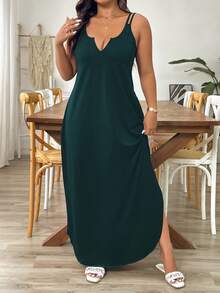 SHEIN Tall Đầm dài dáng rộng không tay cổ chữ V, thanh lịch, phù hợp cho cả đi làm và dự tiệc, chất liệu thoải mái, đa năng, màu đen, cỡ lớn và cao. - Màu xanh lá cây đậm - Xem 4