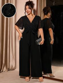 Cravure 女士加大码短袖泡泡袖V领蕾丝装饰闪亮网纱混纺雪纺腰带系带背带裤，适合情人节、派对、母亲节、圣诞节、春秋季穿着。 - 黑色 - 查看 1