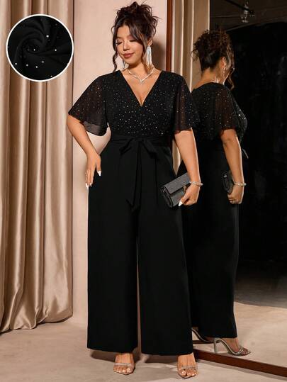 Cravure Plusstorlekar dambyxor med kort ärm, bubbelärm, v-ringning, spetsutsmyckad, glittrande nättyg, blandad chiffong med knytband, för alla hjärtans dag, fester, mors dag, jul, vår och höst