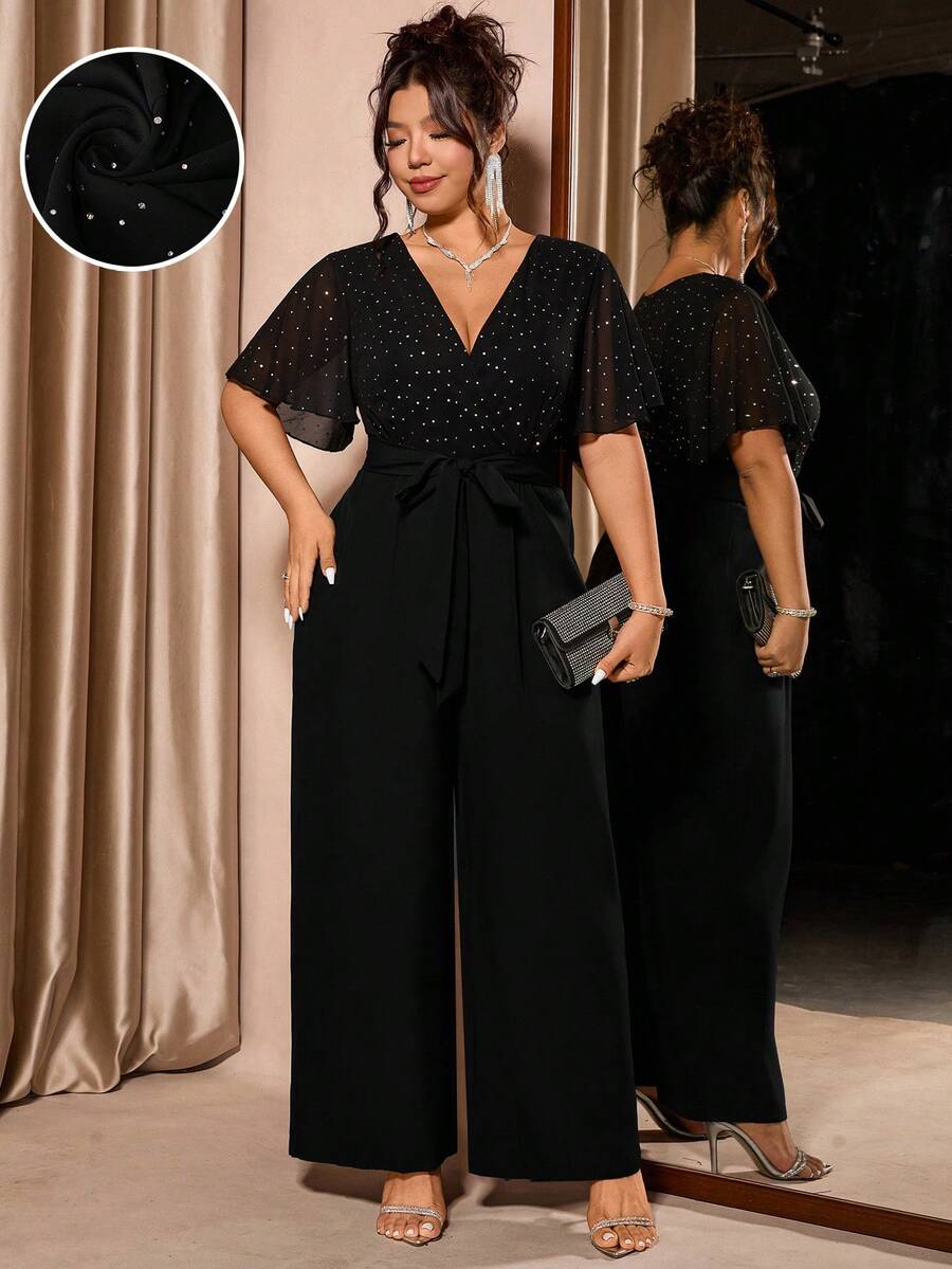 Cravure 女士加大码短袖泡泡袖V领蕾丝装饰闪亮网纱混纺雪纺腰带系带背带裤，适合情人节、派对、母亲节、圣诞节、春秋季穿着。 - 黑色 - 查看 1