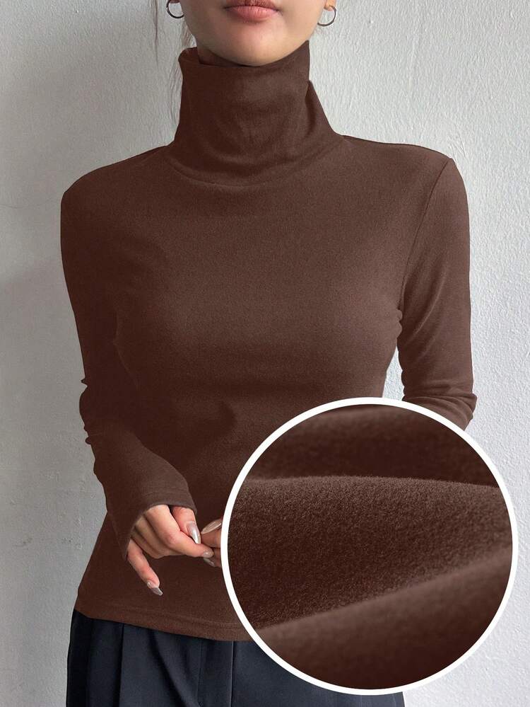 Women Casual Solid Color High Collar Thermal Lined Warm T-Shirt, Versatile, Autumn/Winter Preppy Tops Long Sleeve Women Tops,Fall Women Clothes