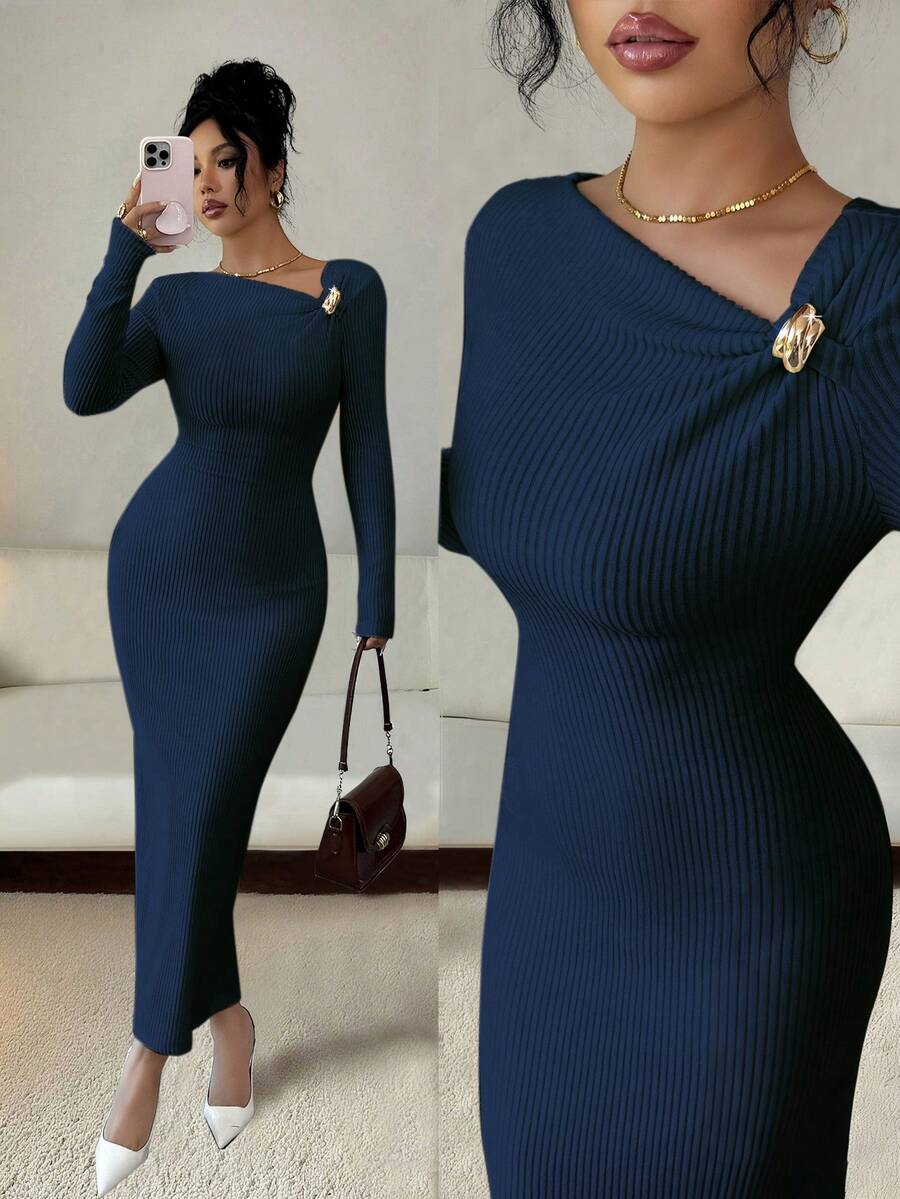 Elenzga 女士优雅纯色不对称领修身中长连衣裙，秋冬款 - 藍色 - 查看 1