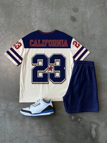 Manfinity Campus Court 男士休闲拼色字母印花短袖 T 恤和短裤套装，夏季